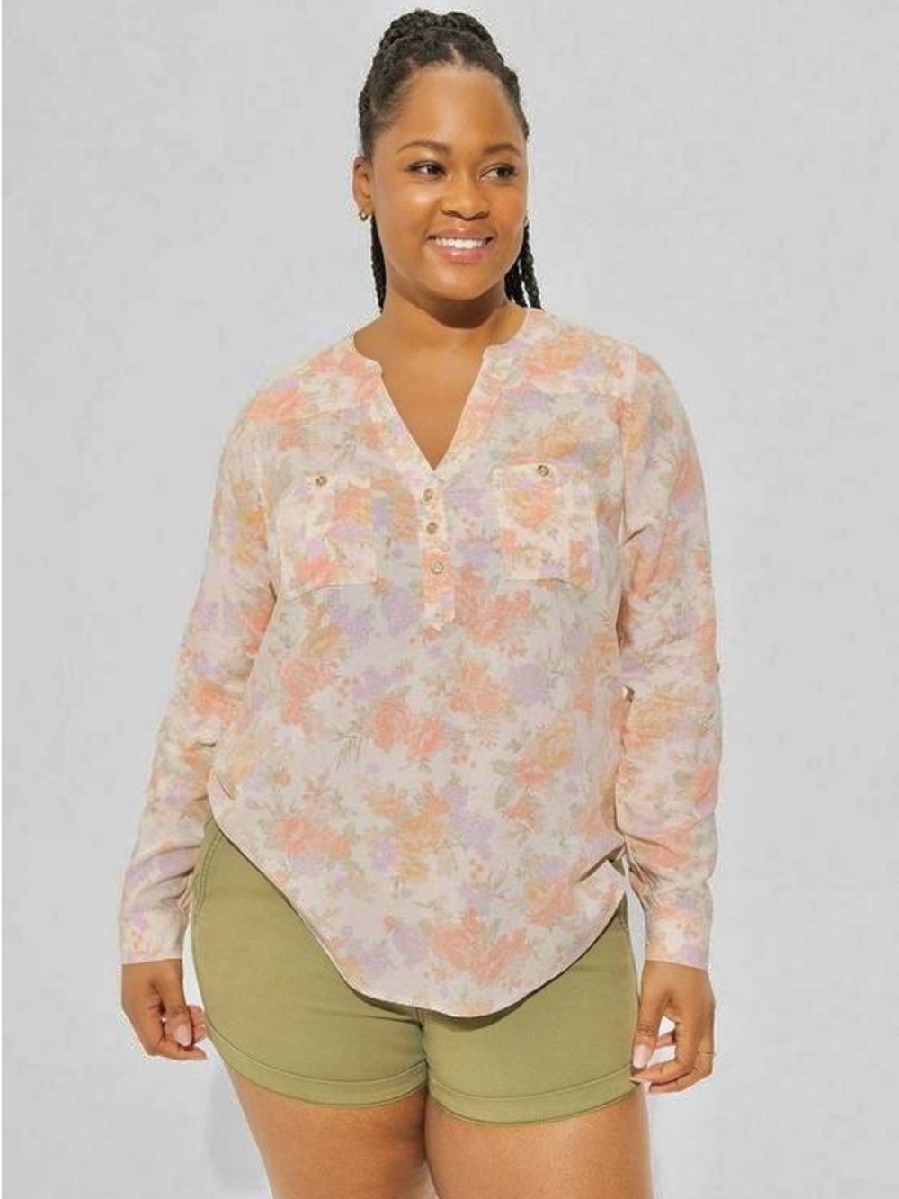 EUC Torrid Size 2 Floral V Neck Long-Sleeve Blouse - Pink/Peach